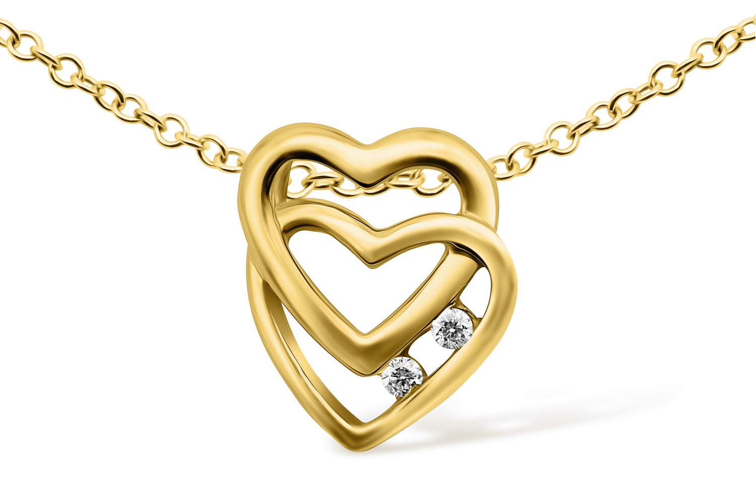 Anhänger Zwei Herzen Gold mit Diamanten - 750 Gelbgold 0,02ct Diamantanhänger an Kette gerade gehängt